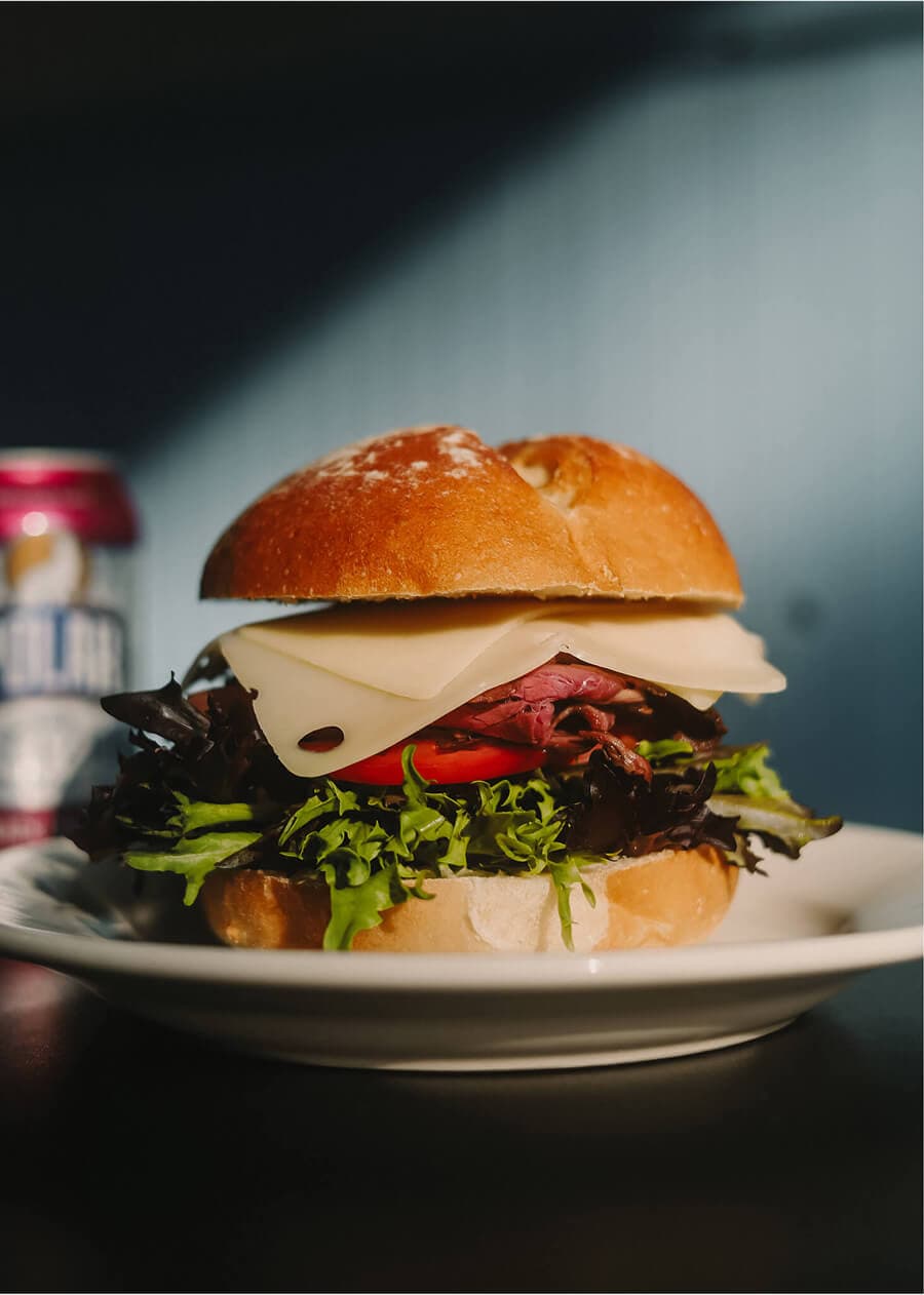 Roast beef and Swiss on a bun